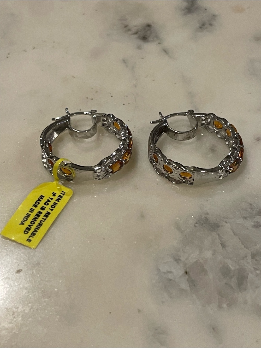 NWT Silver Hoop Earrings with Amber Accent Stones - Women Jewelry